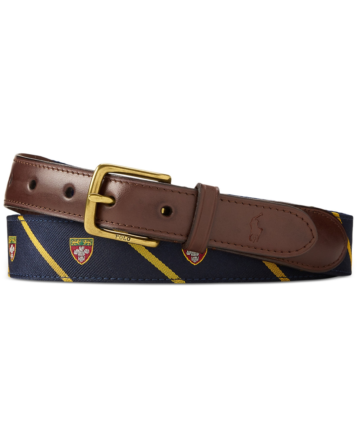 Polo Ralph Lauren Leather-Trim Silk Jacquard Belt - Navy/gold | Macy's