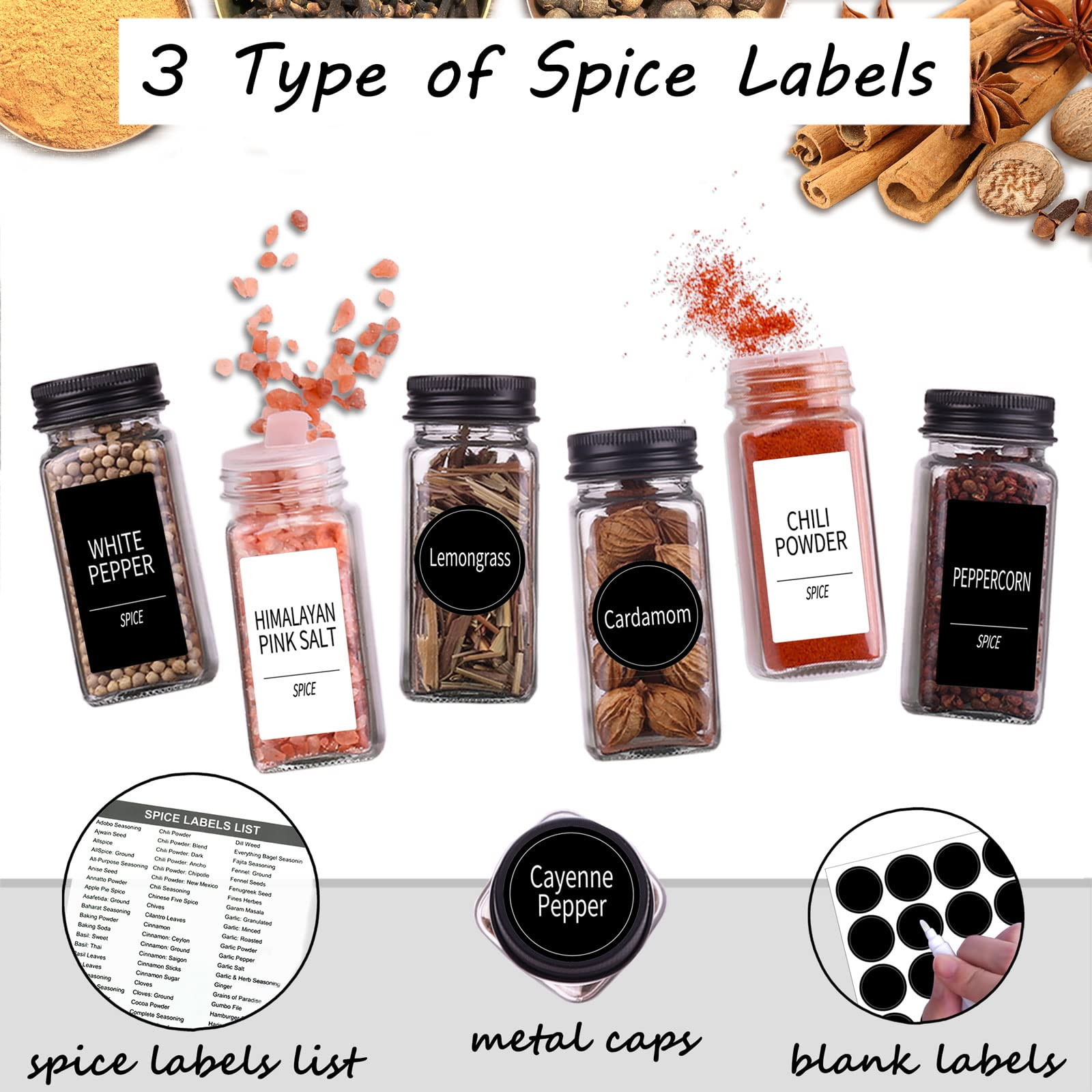 Churboro 48 Spice Jars with 547 Labels- Glass Spice Jars with Black Metal Caps, 4oz Empty Spice C... | Amazon (US)