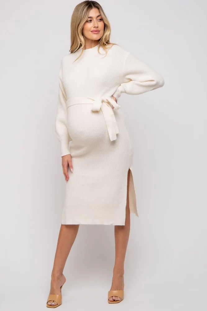 Ivory Side Slit Maternity Sweater Midi Dress | PinkBlush Maternity