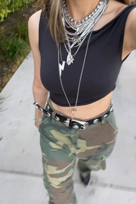 Concert outfit 🎶 What I wore to see Fred Again! Best show ever!! ❤️‍🔥 Love this Skims twist crop top! Sharing a few similar options as well! Camo pants are a favorite and neutral in my opinion—can be styled so many different ways  

Concert outfit, summer outfit, twist top, Skims, crop top, camo pants, statement necklaces, silver jewelry, Khaite Benny belt, statement belt, belt, The Stylizt 

#LTKFindsUnder100 #LTKFindsUnder50 #LTKStyleTip
