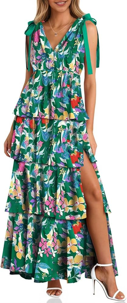Wenrine Womens Summer Floral Maxi Dress Tie Strap Sleeveless V Neck High Slit Boho Ruffle Tiered ... | Amazon (US)