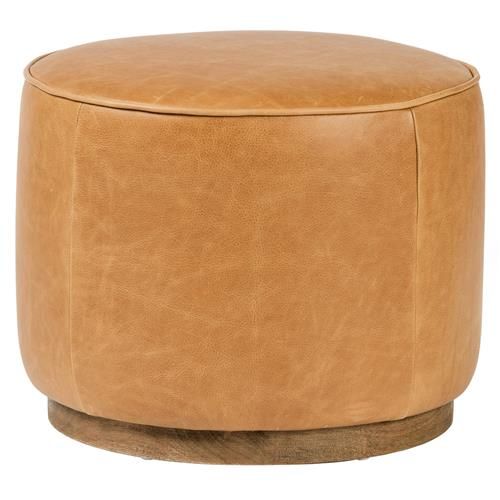 Leah Modern Classic Brown Upholstered Leather Wood Round Ottoman - Small | Kathy Kuo Home