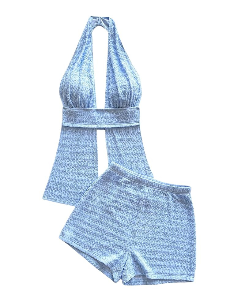 Milumia Women's 2 Piece Outfit Textured Split Backless Y2k Halter Top and Shorts Set | Amazon (US)