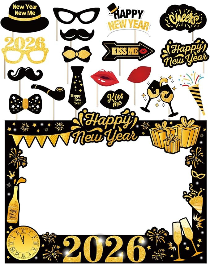 New Years Eve Party Supplies 2026 - NYE Photo Booth Props Kit with Glitter Photo Frame, 2026 Glas... | Amazon (US)