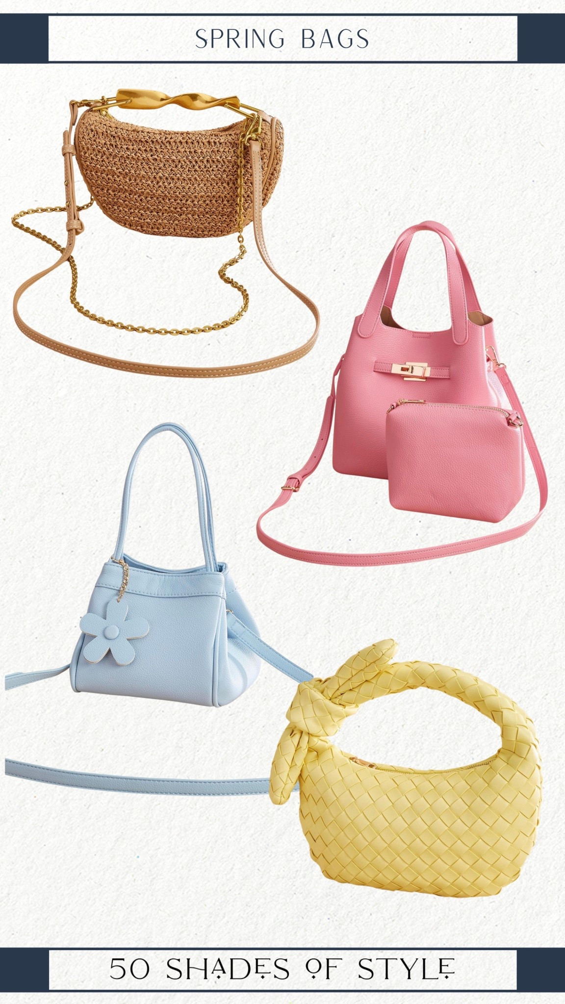 pink handbag, blue handbag, yellow handbag, straw handbag 

#LTKootd #LTKgrwm #LTKSeasonal