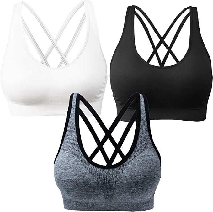 AKAMC 3 Pack Women's Medium Support Cross Back Wirefree Removable Cups Yoga Sport Bra | Amazon (US)