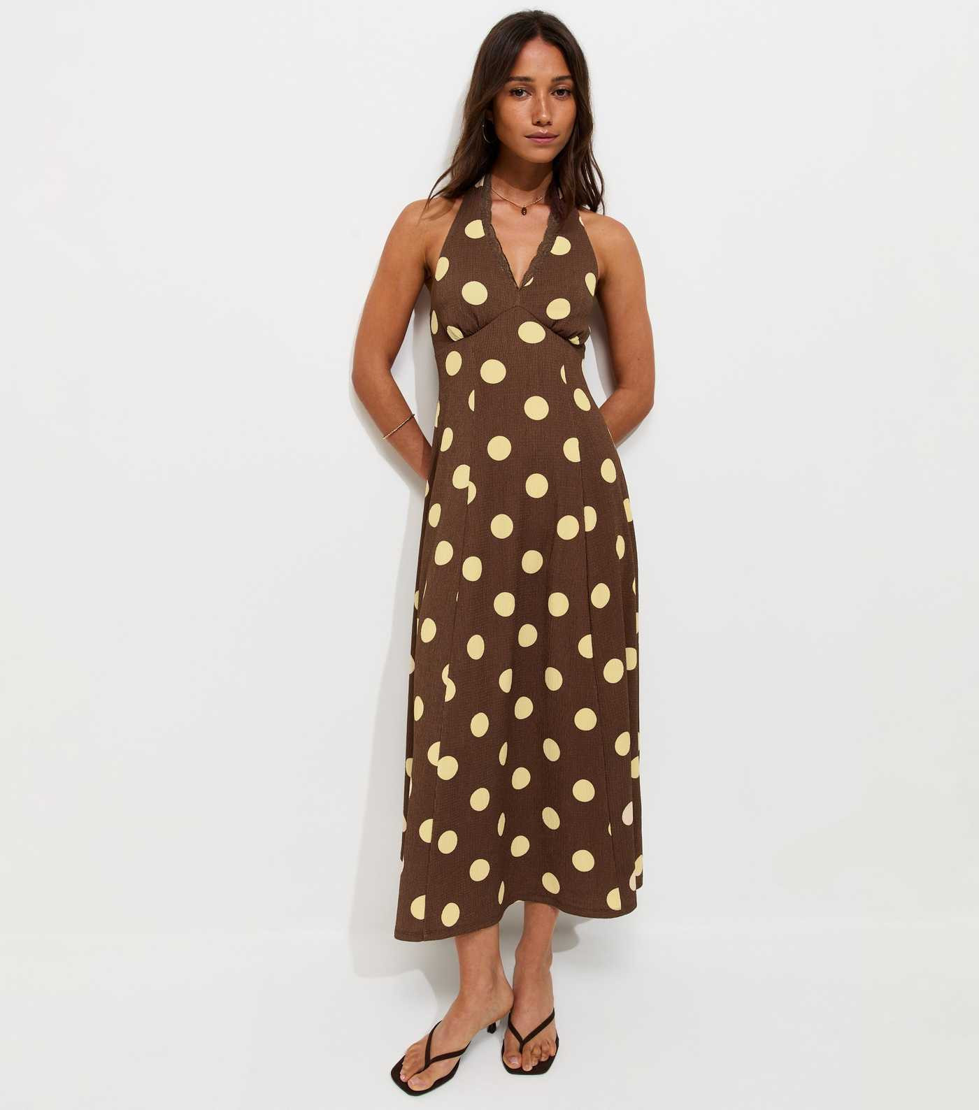Dark Brown Polka Dot Halter Neck Midi Dress | New Look | New Look (UK)