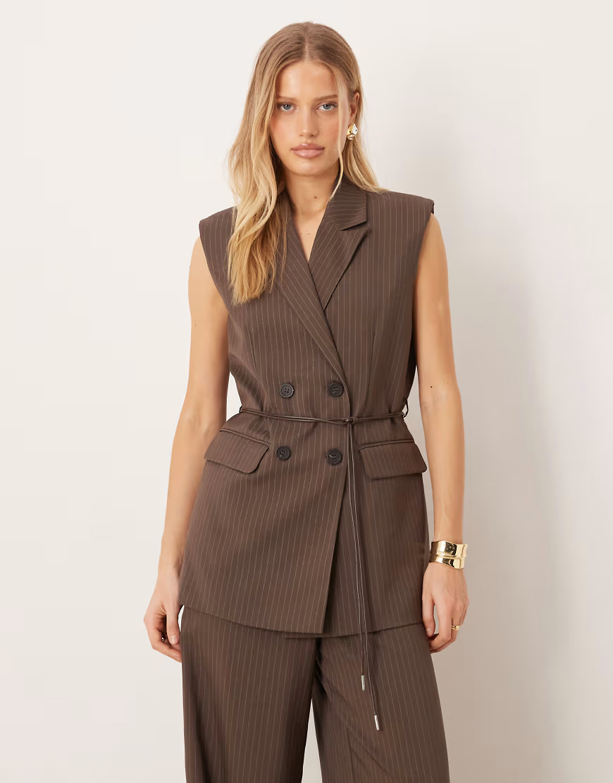 YAS tailored belted vest in chocolate brown pinstripe - part of a set | ASOS (Global)