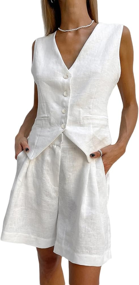 Perbai Women's V Neck Sleeveless Crop Blazer Vest Bermuda Shorts Sets 2 Piece Summer Linen Outfit... | Amazon (US)