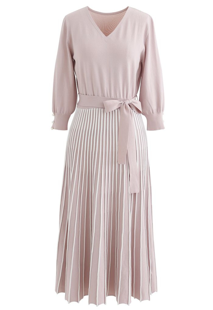 Radiant Lines V-Neck Bowknot Knit Dress in Pink | Chicwish