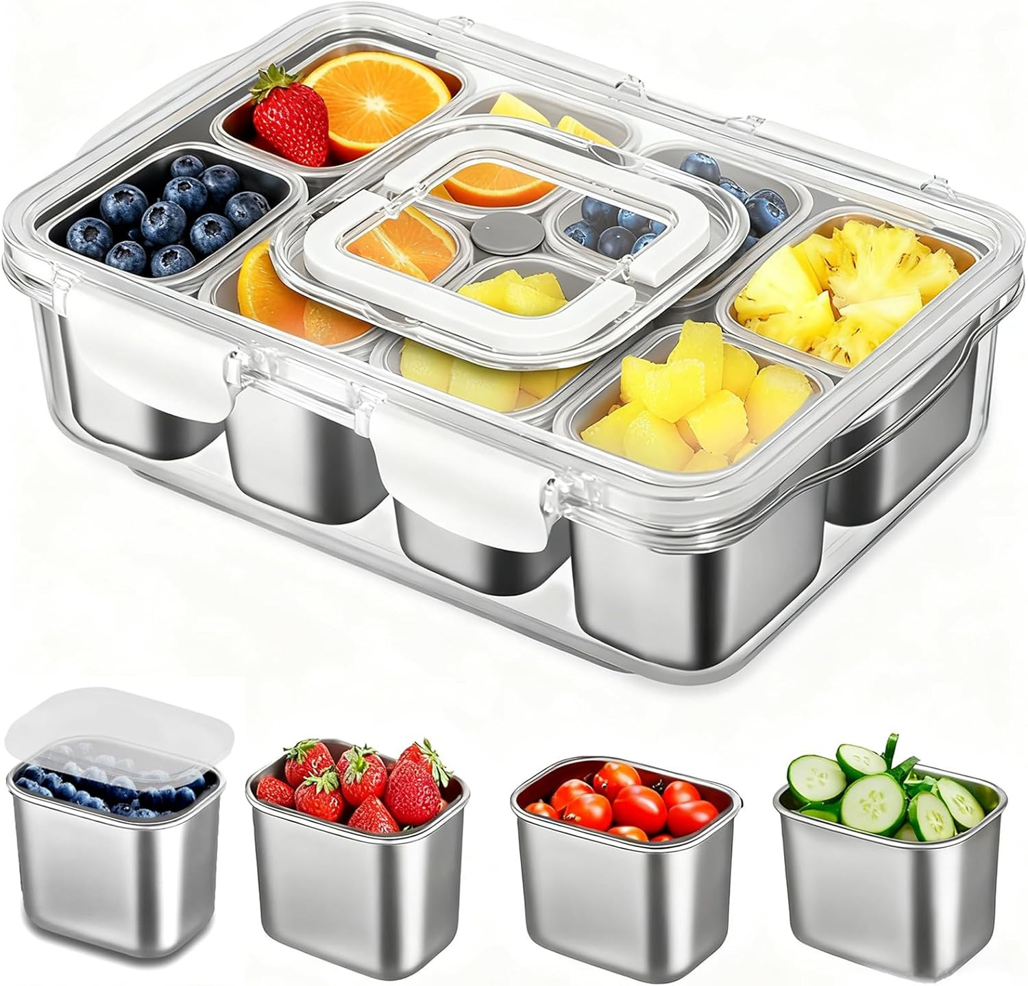 Snackle Box Container, Stainless Steel Divided Serving Tray with Lid and Handle, 8-Compartment Food Storage Containers for Fruit, Veggie, Snack, Portable Kitchen Platter for Party/Picnic/Beach/Outdoor | Amazon (US)