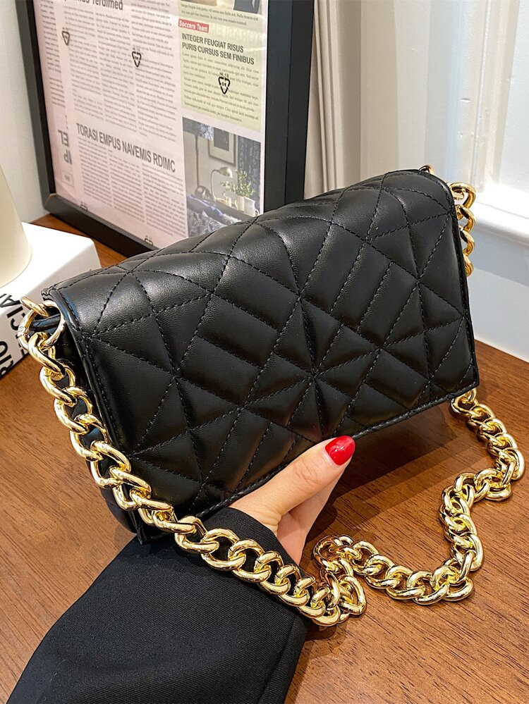 Quadratische Tasche mit gestepptem Muster, Kette, Klappe | SHEIN