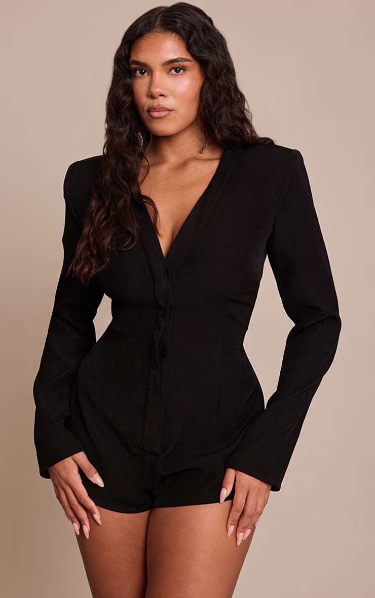 Shape Black Woven Padded Shoulder Playsuit | PrettyLittleThing UK