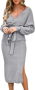 Fixmatti Women's Elegant V Neck Wrap Knit Dresses Batwing Sleeve Backless Slit Maxi Dress with Be... | Amazon (US)