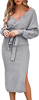 Fixmatti Women's Elegant V Neck Wrap Knit Dresses Batwing Sleeve Backless Slit Maxi Dress with Be... | Amazon (US)