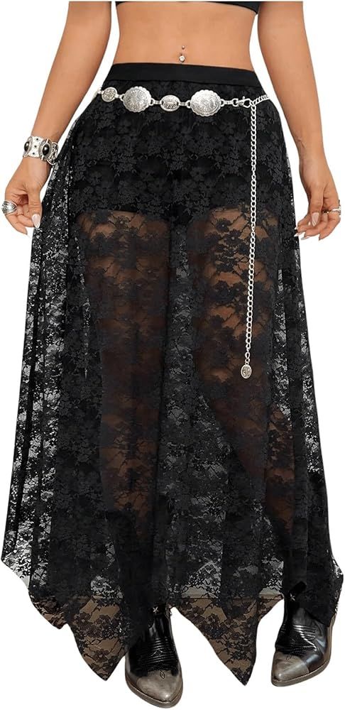 WDIRARA Women's Floral Mesh Lace Sheer See Through Asymmetrical Hem Skirt Sexy Long Skirts | Amazon (US)