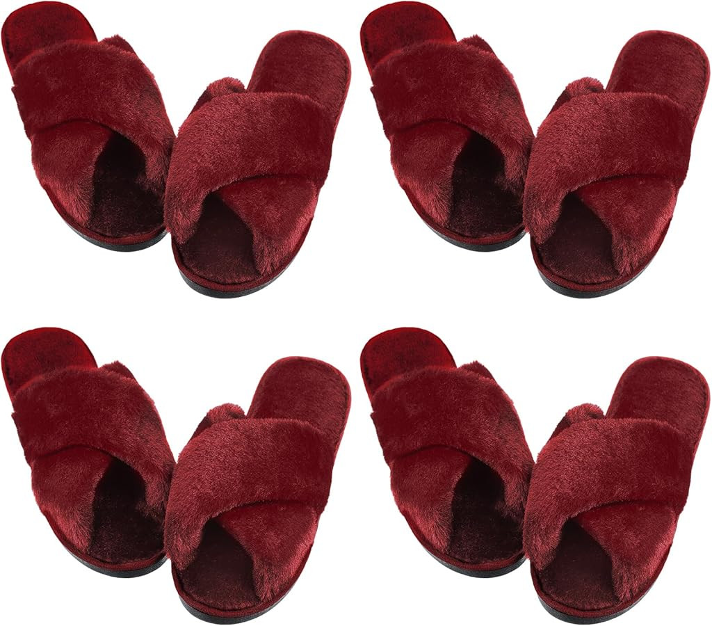 Newcotte 4 Pairs Women's Fuzzy Slippers Bridesmaid Slippers Open Toe Cross Band Plush Furry House... | Amazon (US)