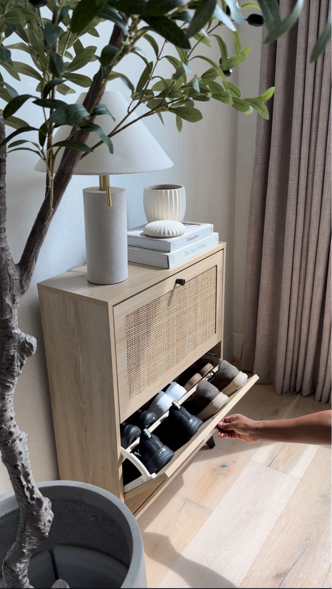 Double win! 🎉 Create an entryway that's both functional AND stylish! 💡 I'm obsessed with these slim stage cabinets - only 9 inches deep and 23 inches wide, making them perfect for cozy entryways. Plus, you can place them next to each other to create more space! 🎉 The best part? You can store your shoes sideways or forwards, whatever works best for you! 👠👡 

#entrywaygoals #functionmeetsfashion

#LTKStyleTip #LTKHome #LTKSaleAlert