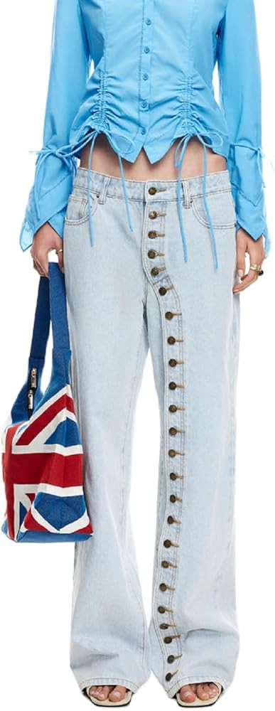 Pivanzore Women's Y2K Straight Leg Jeans Single-Breasted Low Rise Denim Pants Stretchy Fashionabl... | Amazon (US)