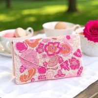 Pink Floral Beaded Clutch Bag Summer Party Purse With Silver Chain | Etsy (US)