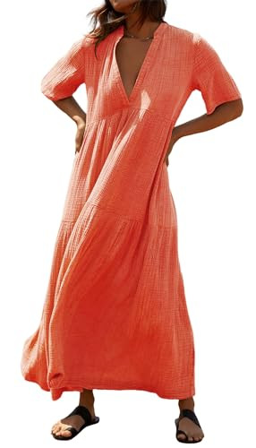 R.Vivimos Womens Summer Cotton Flowy Maxi Dress Short Sleeve V Neck Empire Waist Boho Tiered Ruff... | Amazon (US)