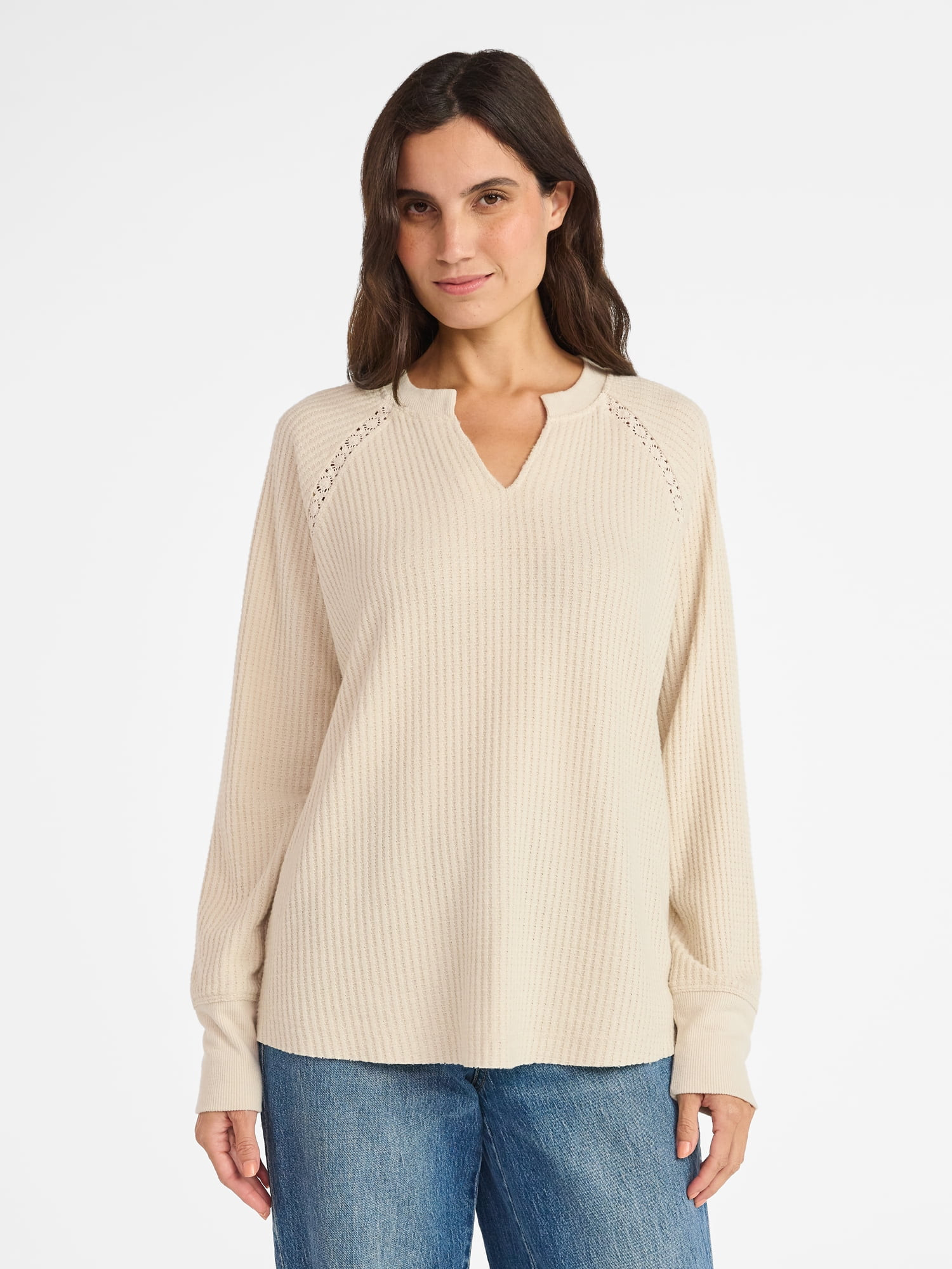 Time and Tru Women’s Notch Neck Waffle Top with Long Sleeves, Size XS-XXXL | Walmart (US)