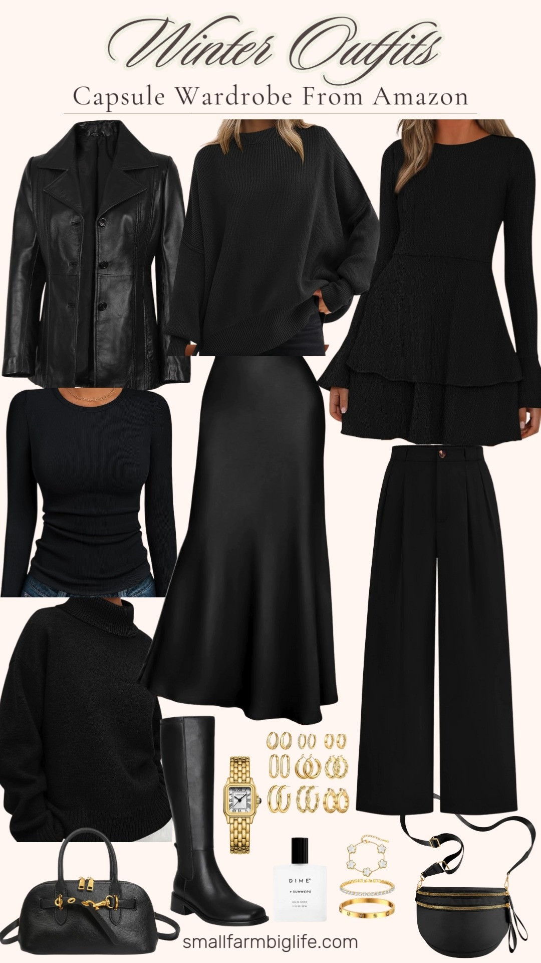 All black everything with a touch of gold ✨🖤 This Winter Outfits Capsule Wardrobe from Amazon is packed with chic staples! From oversized turtleneck sweaters, ribbed basics, high waisted dress pants, a black silk skirt, a bell sleeve sweater dress, knee high boots, sleek black bags, and polished gold hoops, bracelets, and a watch. Finished with DIME Beauty’s 7 Summers perfume for that warm, cozy vibe. All black makes my 90s girl heart happy. 

 #LTKOver40 #LTKFindsUnder50 #LTKWorkwear