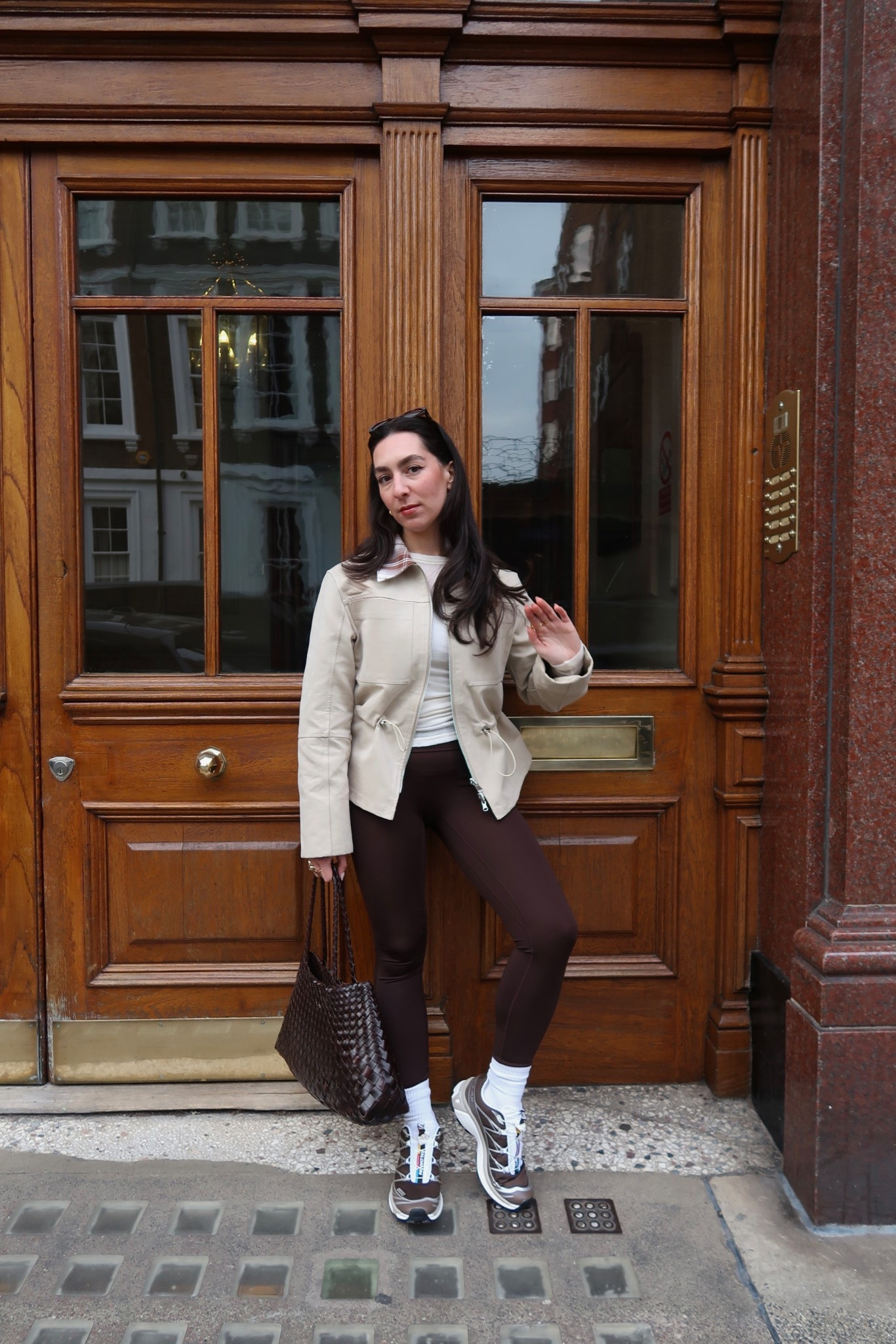 Running errands type outfit. Adidas brown leggings, salomon xt6, sneakers, trainers, aligne jacket, dragon diffusion santa croce bag, layering, spring outfit, asos, h&m

#LTKuk #LTKshoes #LTKspring