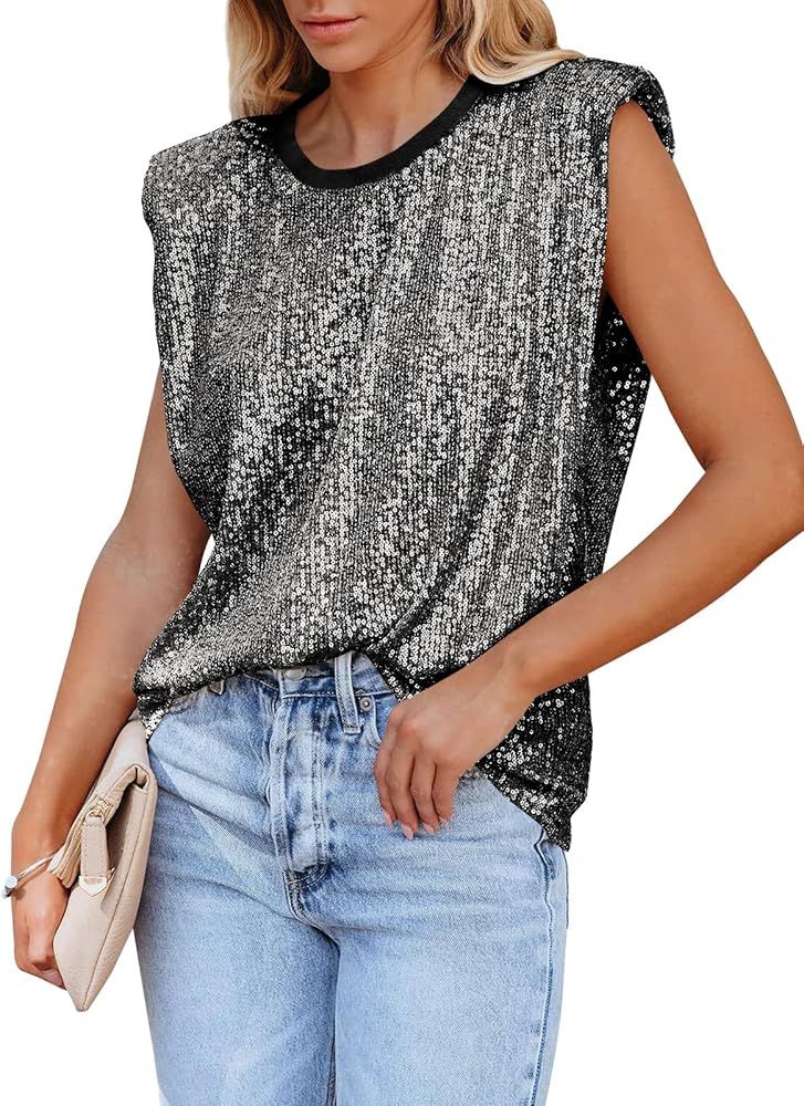 miduo Womens Crewneck Sequin Shoulder Padded Tops Sparkle Shimmer Blouses Shirts and Tops | Amazon (US)