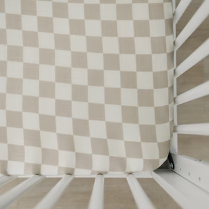 Taupe Checkered Muslin Crib Sheet | Mebie Baby