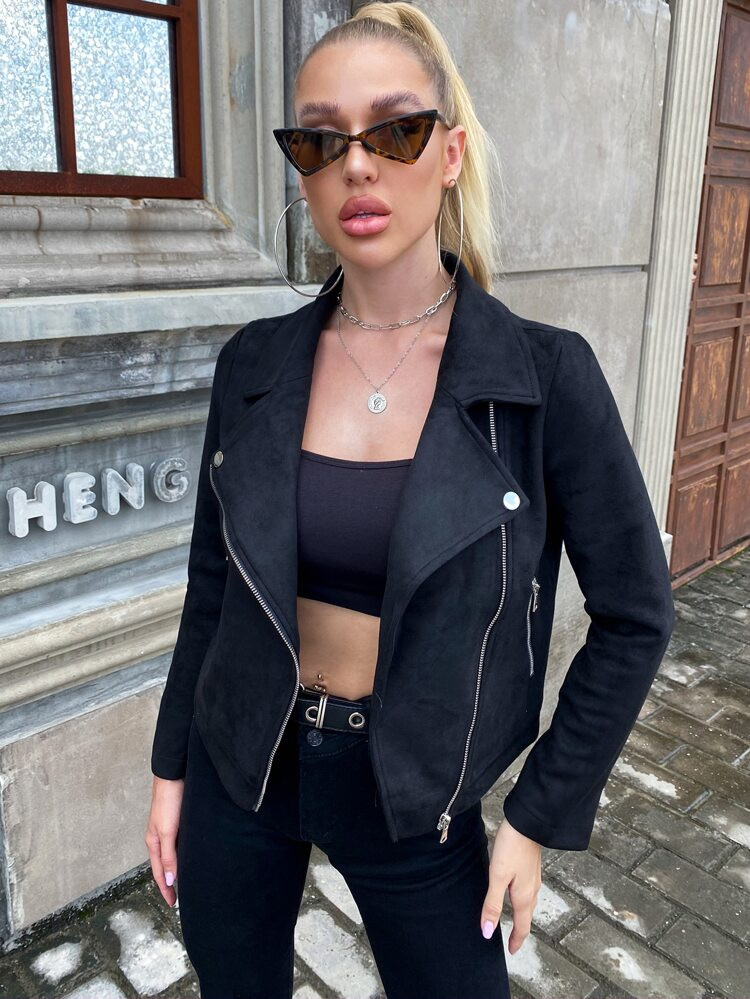 Apperloth A Zip Up Suede Moto Jacket | SHEIN