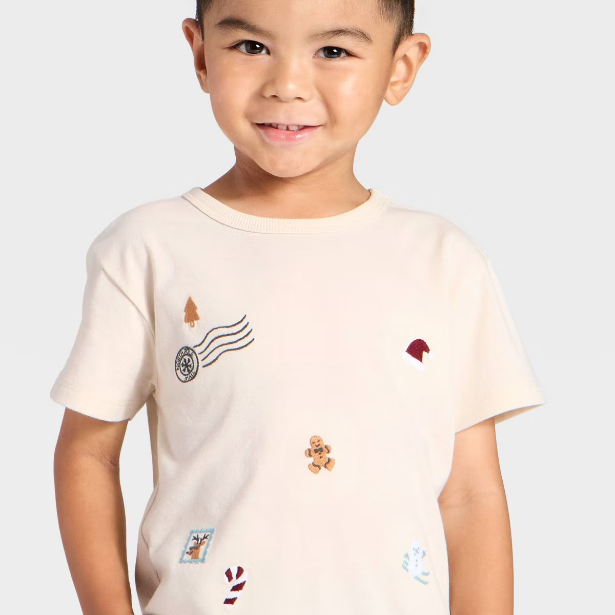 Toddler Boys' Short Sleeve Holiday Embroidered T-Shirt - Cat & Jack™ Beige 3T | Target