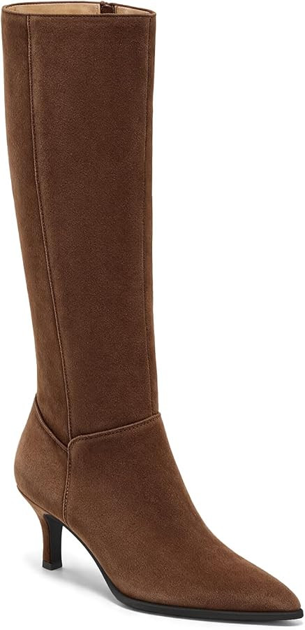 Coutgo Womens Knee High Boots Pointed Toe Kitten Heel Side Zipper Boots | Amazon (US)