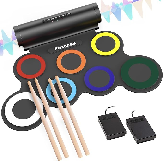 7 Pads Electronic Drum Set, Roll-Up Drum Practice Pad Drum Kit with Headphone Jack Built-in Speak... | Amazon (US)