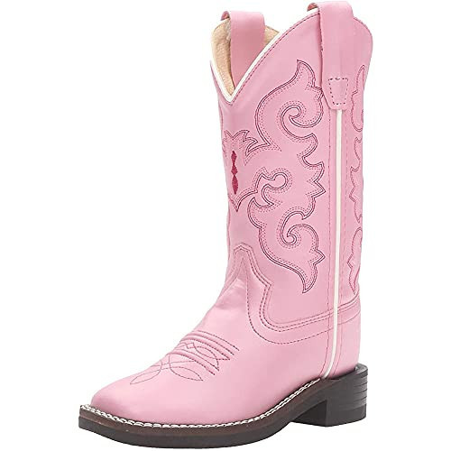 OLD WEST Girl's Square Toe Synthetic Leather Stitched Western Boots, Shiny Pink Foot/Pink Shaft, 11 D | Amazon (US)