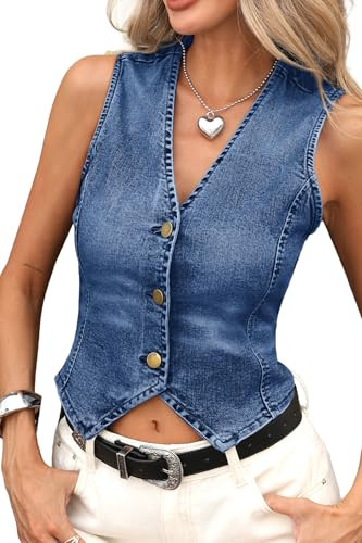 ELLEVEN Women's Cropped Denim Vest with Fitted Waist, V-Neck Jean Waistcoat for Summer Western Tr... | Amazon (US)