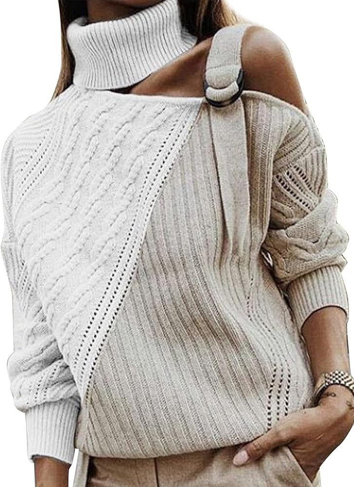 Astylish Womens Long Sleeve Cold Shoulder Turtleneck Knit Sweater Pullover Jumper Tops(S-XXL) | Amazon (US)