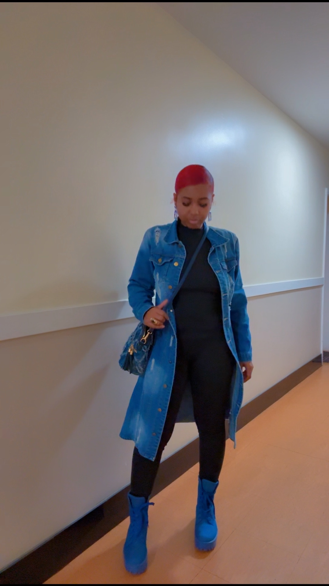 Layered and structured. A fitted black base styled with a long denim jacket and bold blue boots for contrast. Easy to throw on, easy to elevate. Linked similar pieces below.