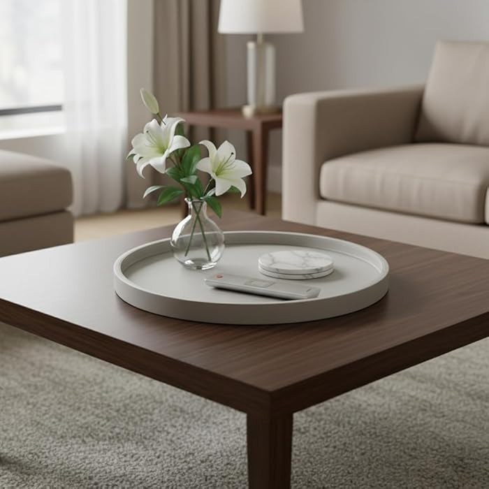 20-inch Round Ottoman Serving Tray - Textured PU Leather Coffee Table Decor, Waterproof Heat-Resi... | Amazon (US)