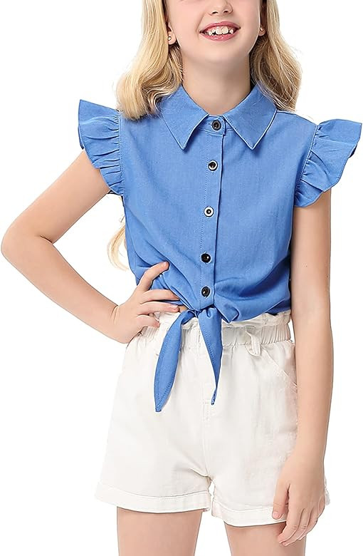 LIONJIE Girls Sleeveless Plaid Button Down Shirt Summer Crop Tops Tie Knot Ruffle Sleeve Shirt Blous | Amazon (US)