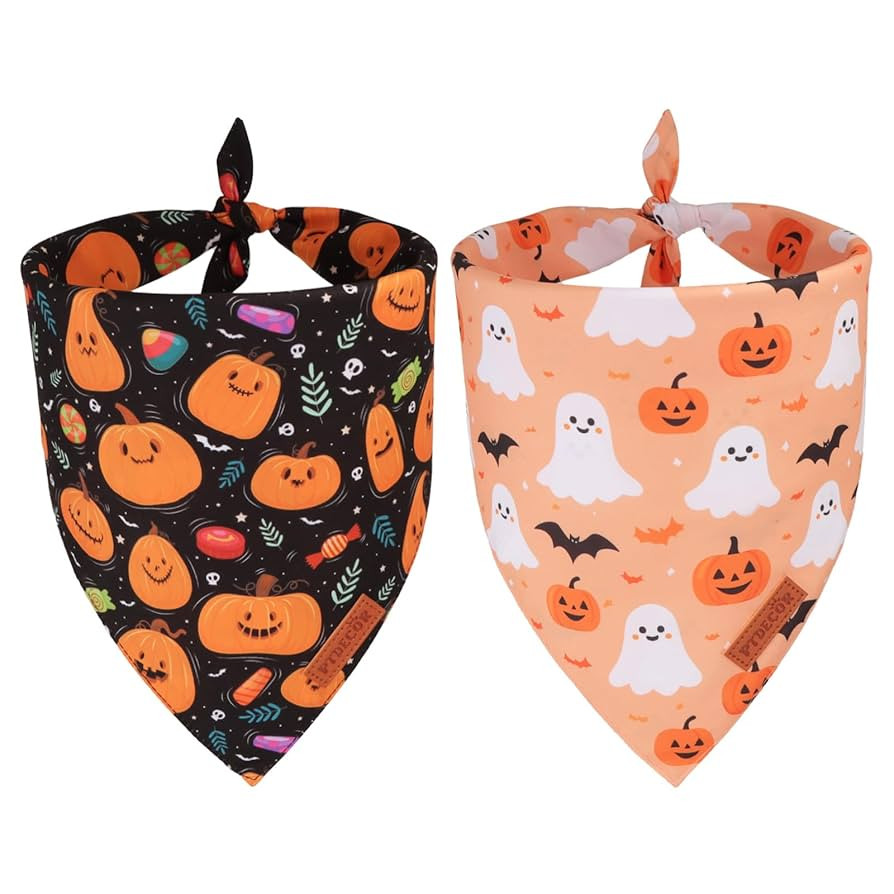 PTDECOR Halloween Dog Bandana, Pumpkin Ghost Design Reversible Holiday Pet Scarf, Black Yellow Ha... | Amazon (US)