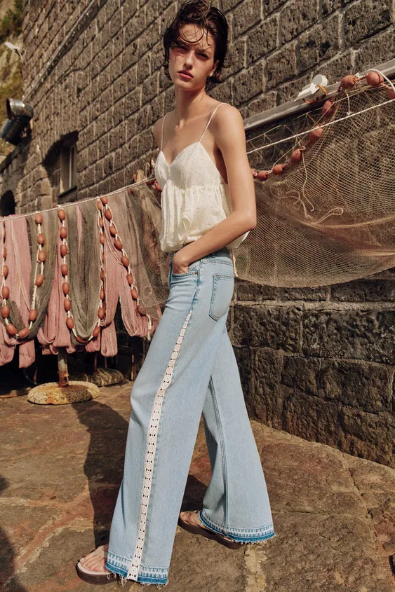 Z1975 HIGH WAIST WIDE LEG CROCHET COMBINED JEANS | Zara US