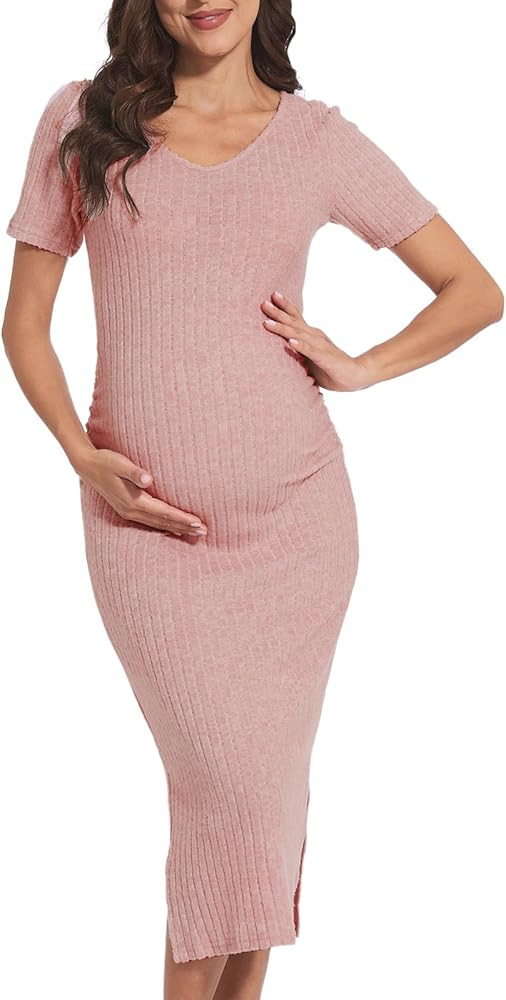 V-Neck Maternity Sweater Dress, Fall Maternity Dress, Long Sleeve Side Ruch Knit Ribbed Maternity... | Amazon (US)