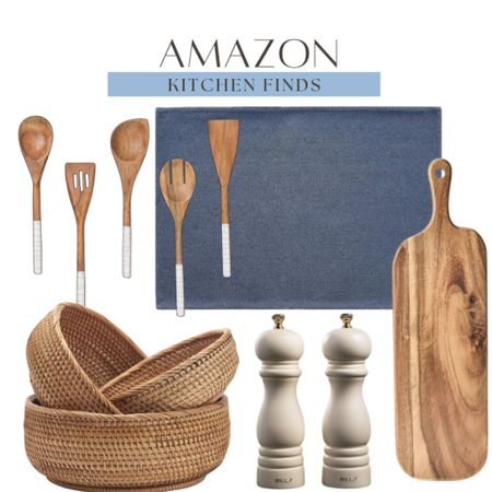 Amazon kitchen finds include charcuterie board, salt and pepper grinders, rattan bowls, wooden utensils, and place mats. 

Home decor, Amazon finds, kitchen finds, coastal decor, coastal home decor

#LTKhome #LTKstyletip #LTKfindsunder50