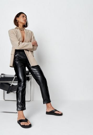 Petite Black Faux Leather Turn Up Cigarette Trousers | Missguided (UK & IE)