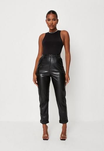 Petite Black Faux Leather Turn Up Cigarette Trousers | Missguided (UK & IE)