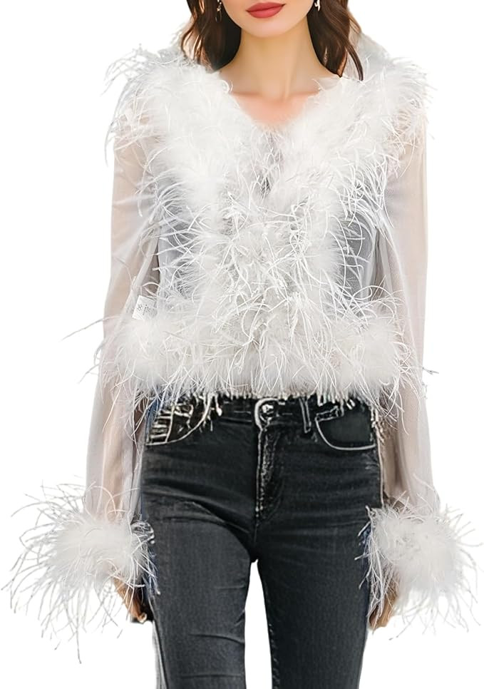 LVCOMEFF Real Ostrich Feather Trim Mesh Crop Top See-Through Black Sheer Shirt Jacket Clubwear Y2... | Amazon (US)