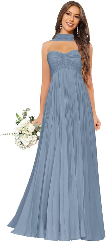 Strapless Pleated Chiffon Bridesmaid Dresses for Women Long Formal Maxi Dress with Neck Scarf | Amazon (US)