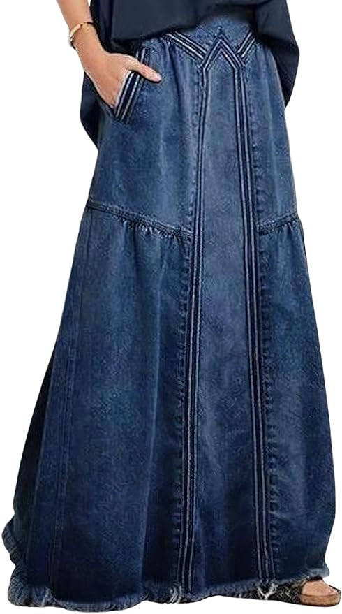 CHARTOU Women's Retro Elastic High Waist Frayed A-Line Maxi Denim Skirt with Pockets | Amazon (US)