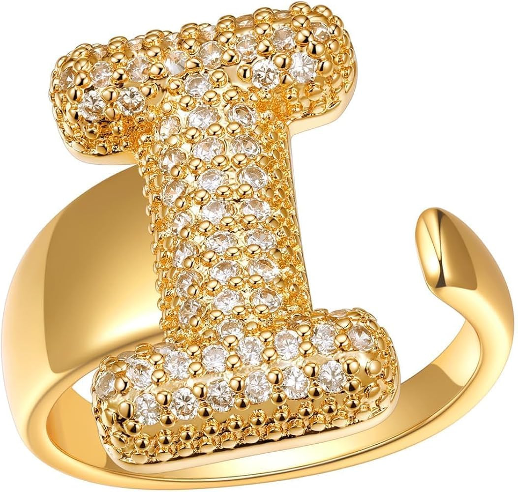 FindChic Initial Ring for Women, Gold Plated Chunky Letter Rings Open Adjustable Trendy Sparkling... | Amazon (US)